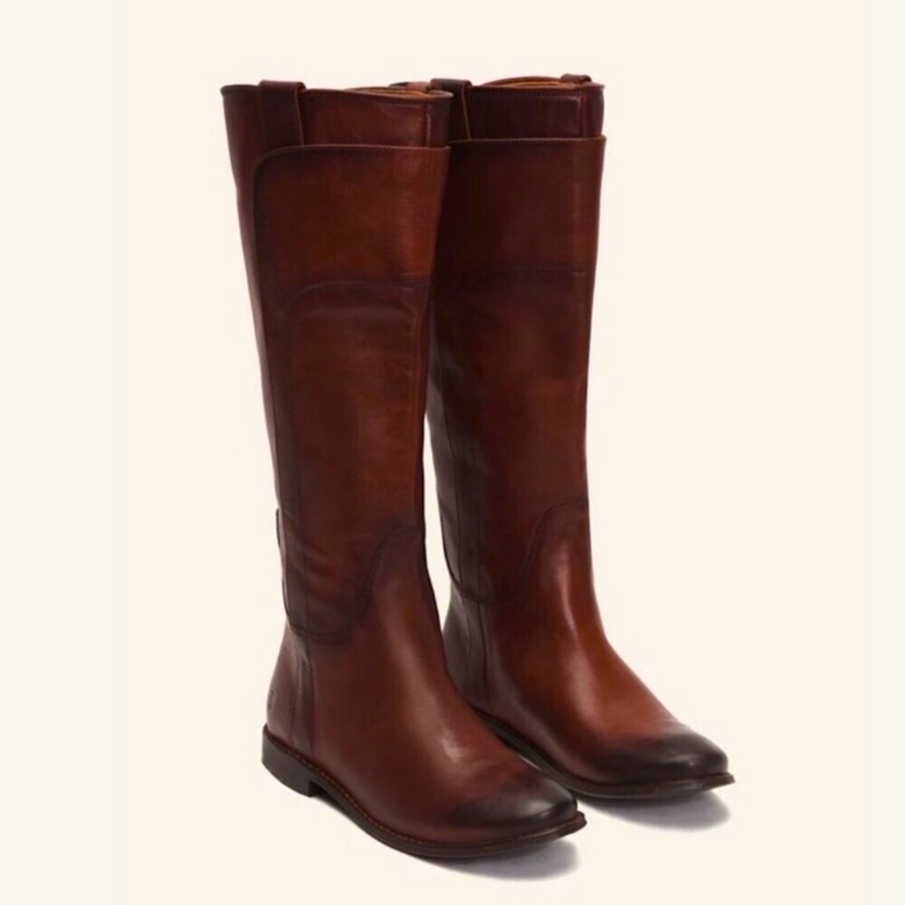 Frye Paige Cognac Knee-High Pull-On Leather Boots - Picture 2 of 16